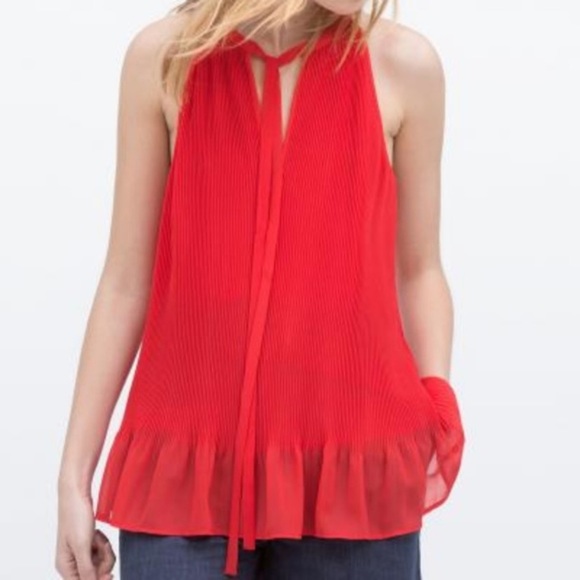 Zara red pleated Sleeveless ruffle tie detail beautiful top size Small - Picture 12 of 12